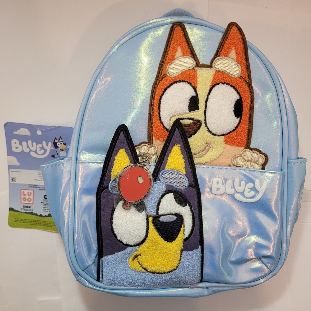 Bluey Backpack Kids Iridescent Blue Faux Leather Chenille‎ Patch Mini Bag NEW
